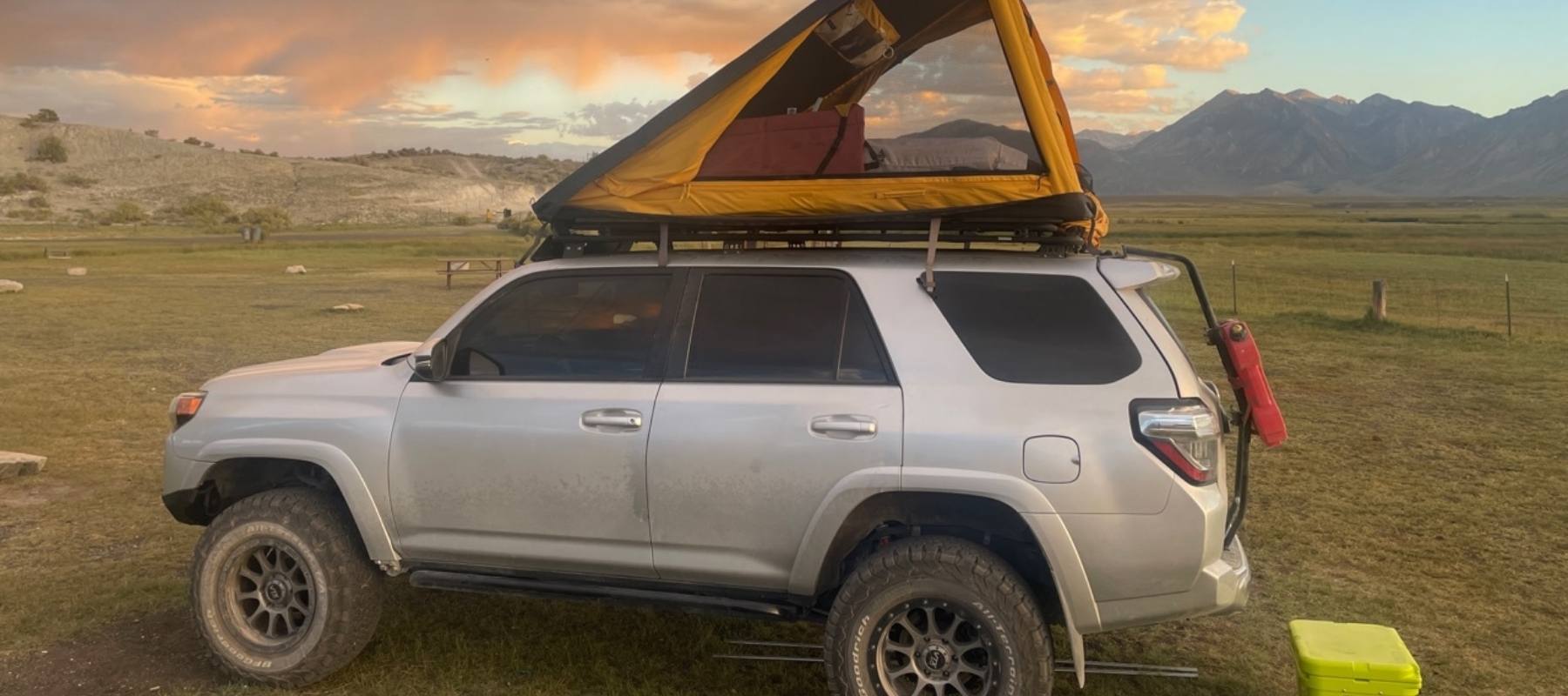 toyota 4runner trail edition roof top tent camping car camping camper with sunset